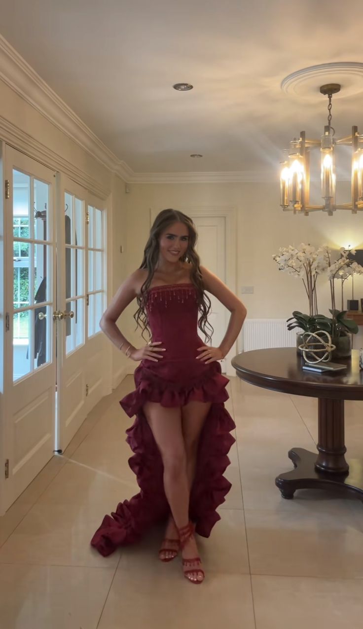 Elegant Burgundy Strapless Slim-Fit High-Low Hem Satin Prom Dress Evening Dress