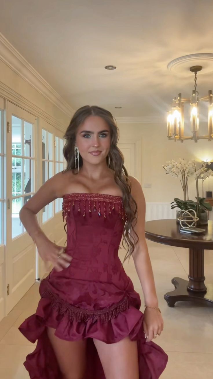 Elegant Burgundy Strapless Slim-Fit High-Low Hem Satin Prom Dress Evening Dress