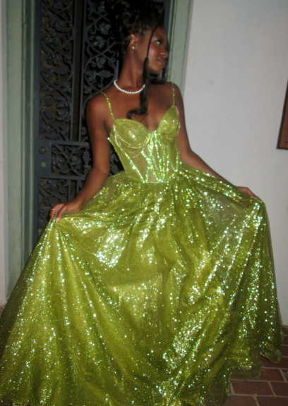 Glamorous Bright Green A-Line Spaghetti Strap Deep V Sequin Tulle Long Prom Dress Evening Dress