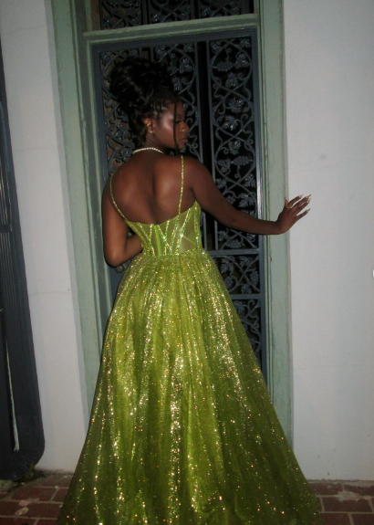 Glamorous Bright Green A-Line Spaghetti Strap Deep V Sequin Tulle Long Prom Dress Evening Dress