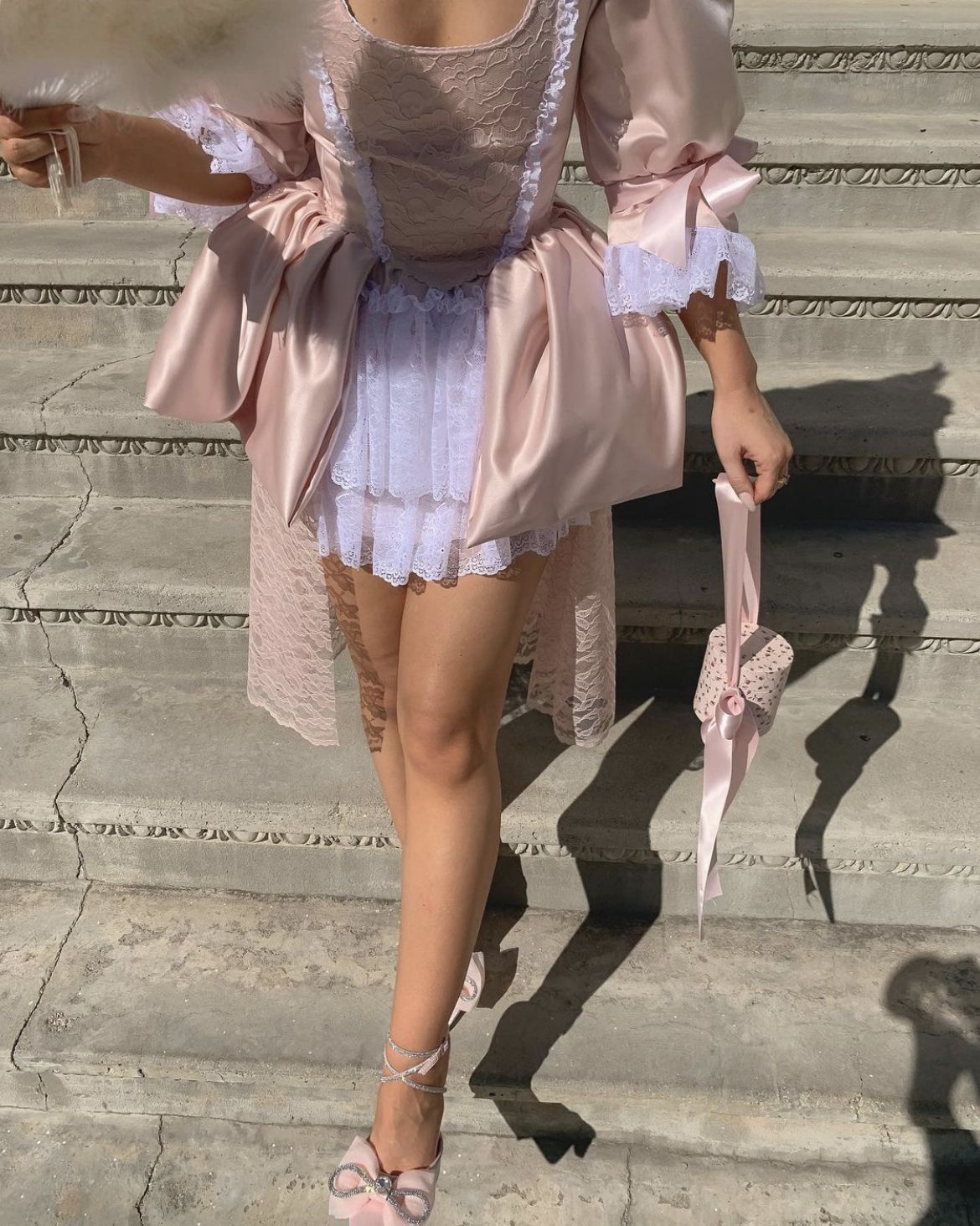 Palace Light Pink Square Neck Puff Sleeve Lace Stitching Satin Birthday Homecoming Dress