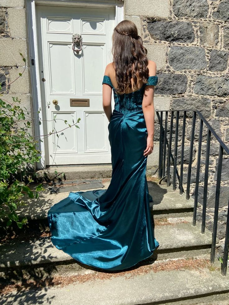 Elegant Deep Peacock Blue Mermaid Off-the-Shoulder Satin Train Prom Dress Evening Dress