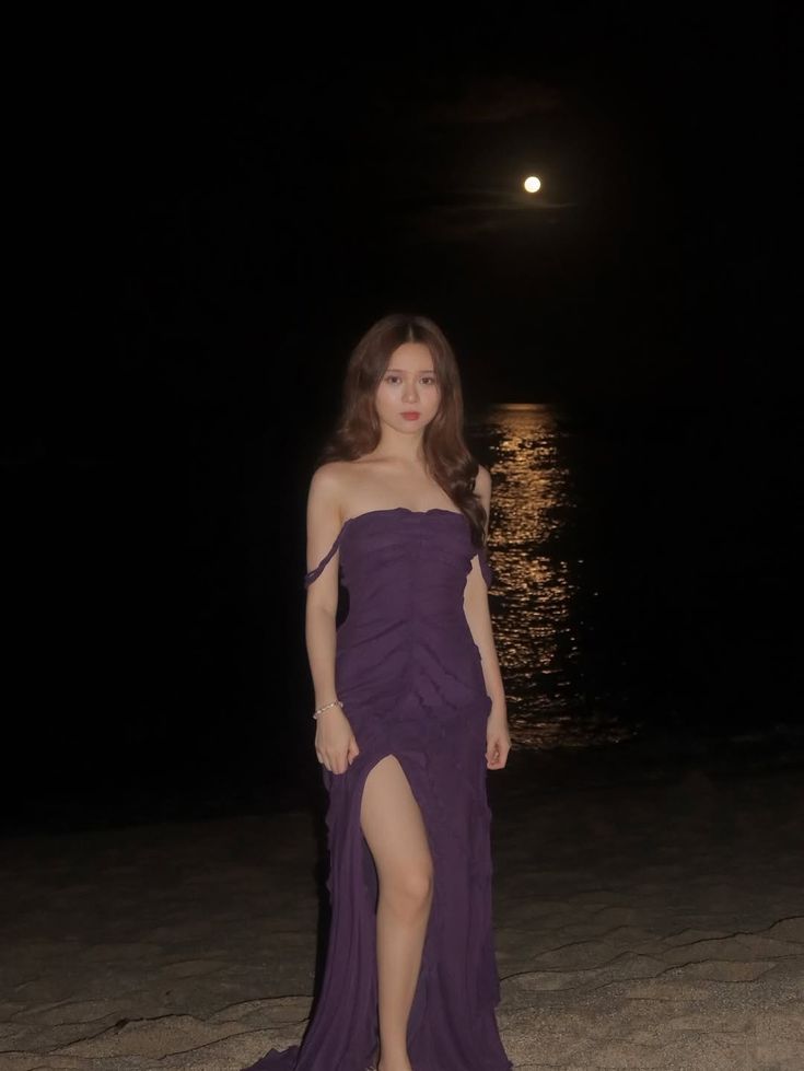 Elegant Deep Purple Slim-Fit Off-the-Shoulder High-Slit Ruched Texture Chiffon Long Prom Dress Evening Dress