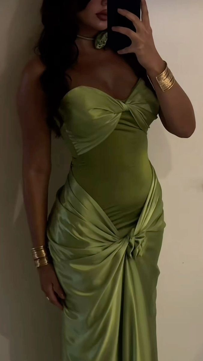Sexy Olive Green Mermaid Sweetheart Neck Knot Satin Long Prom Dress Evening Dress
