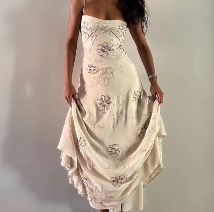 Elegant Ivory Slim-Fit Spaghetti Strap Floral Tulle Long Prom Dress Evening Dress