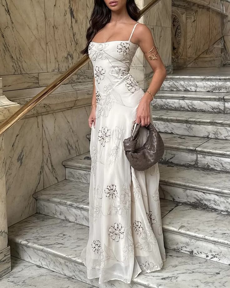 Elegant Ivory Slim-Fit Spaghetti Strap Floral Tulle Long Prom Dress Evening Dress