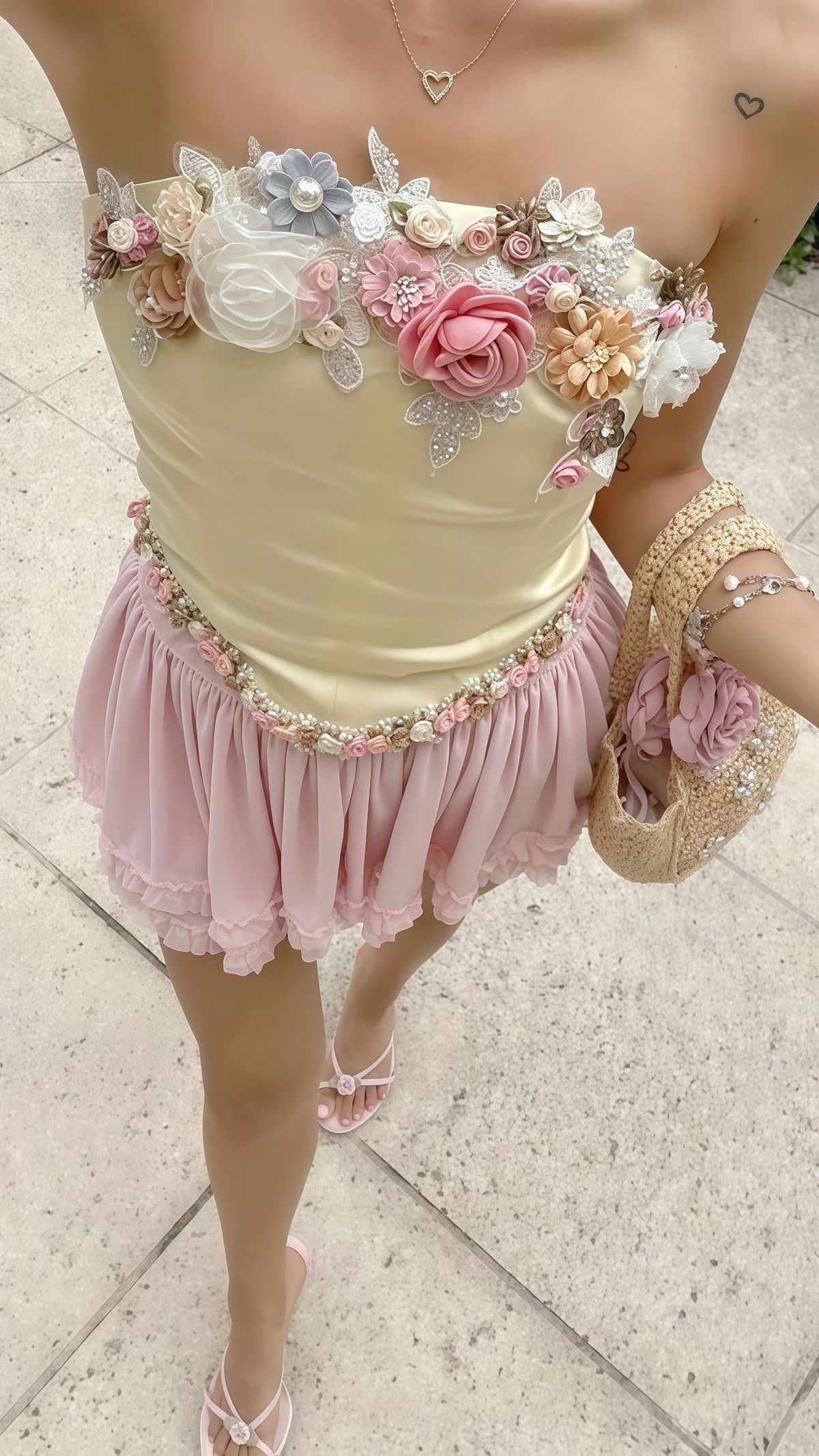 Sweet Yellow And Pink Color Matching Tube Top Three-dimensional Flower Chiffon 16th Birthday Homecoming Dress