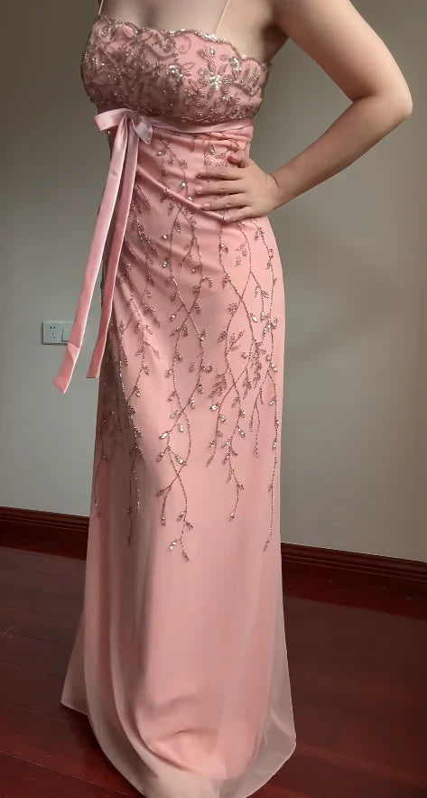 Elegant Pink Slim-Fit Spaghetti Strap Beaded Embroidery Leaf Bow Chiffon Long Prom Dress Evening Dress
