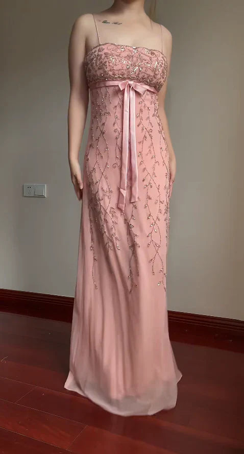 Elegant Pink Slim-Fit Spaghetti Strap Beaded Embroidery Leaf Bow Chiffon Long Prom Dress Evening Dress