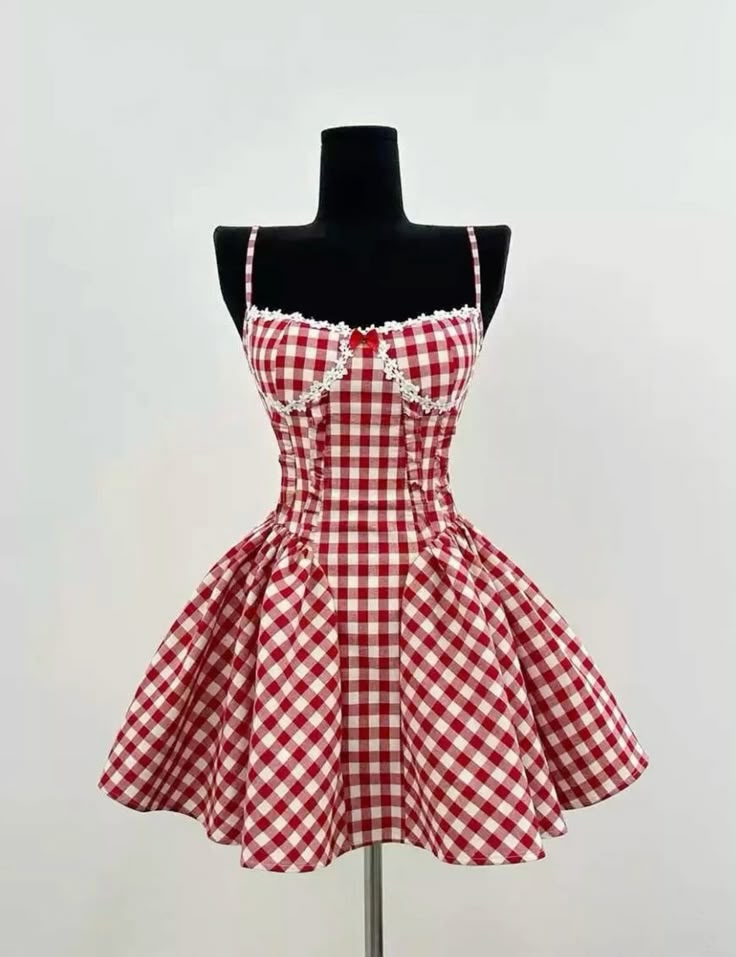 Retro Red And White Plaid Suspender A-line Birthday Party Homecoming Dress