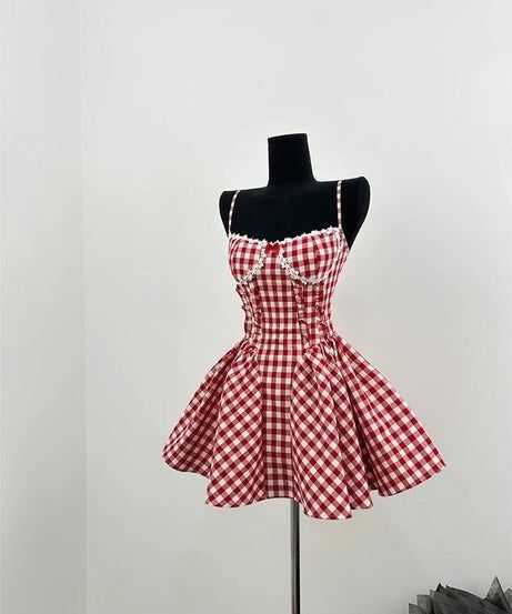 Retro Red And White Plaid Suspender A-line Birthday Party Homecoming Dress