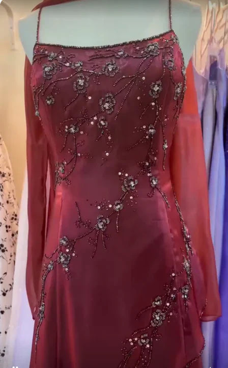 Vintage Burgundy Slim-Fit Camisole Beaded Embroidery Floral Branch Satin Long Prom Dress Evening Dress