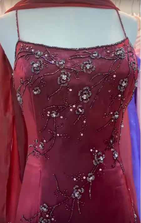 Vintage Burgundy Slim-Fit Camisole Beaded Embroidery Floral Branch Satin Long Prom Dress Evening Dress
