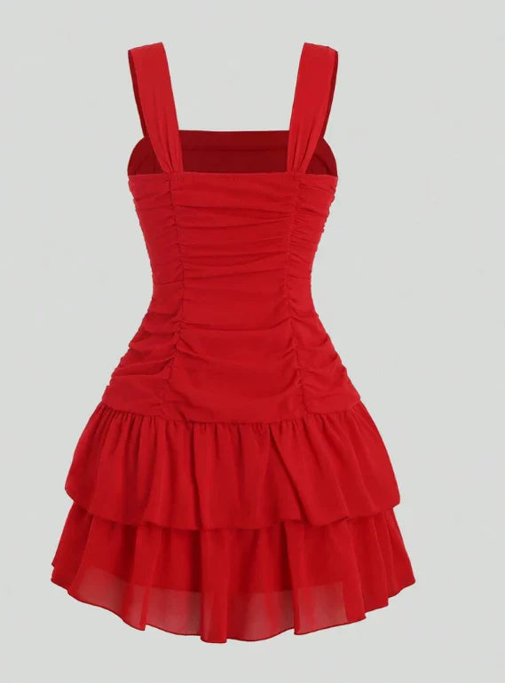 Sweet Red Square Neck Bow Pleated Chiffon 17th Birthday Homecoming Dress