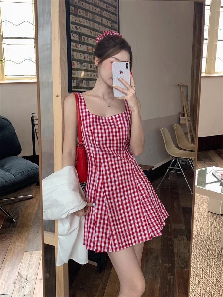 Sweet Retro Red And White Plaid Square Neck Pleated A-line 17th Birthday Homecoming Dress