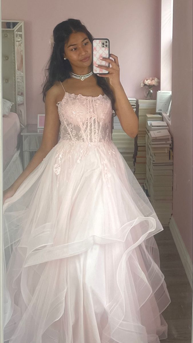 Sweet Light Pink A-line Spaghetti Strap Tiered Tulle Long Prom Dress Evening Dress