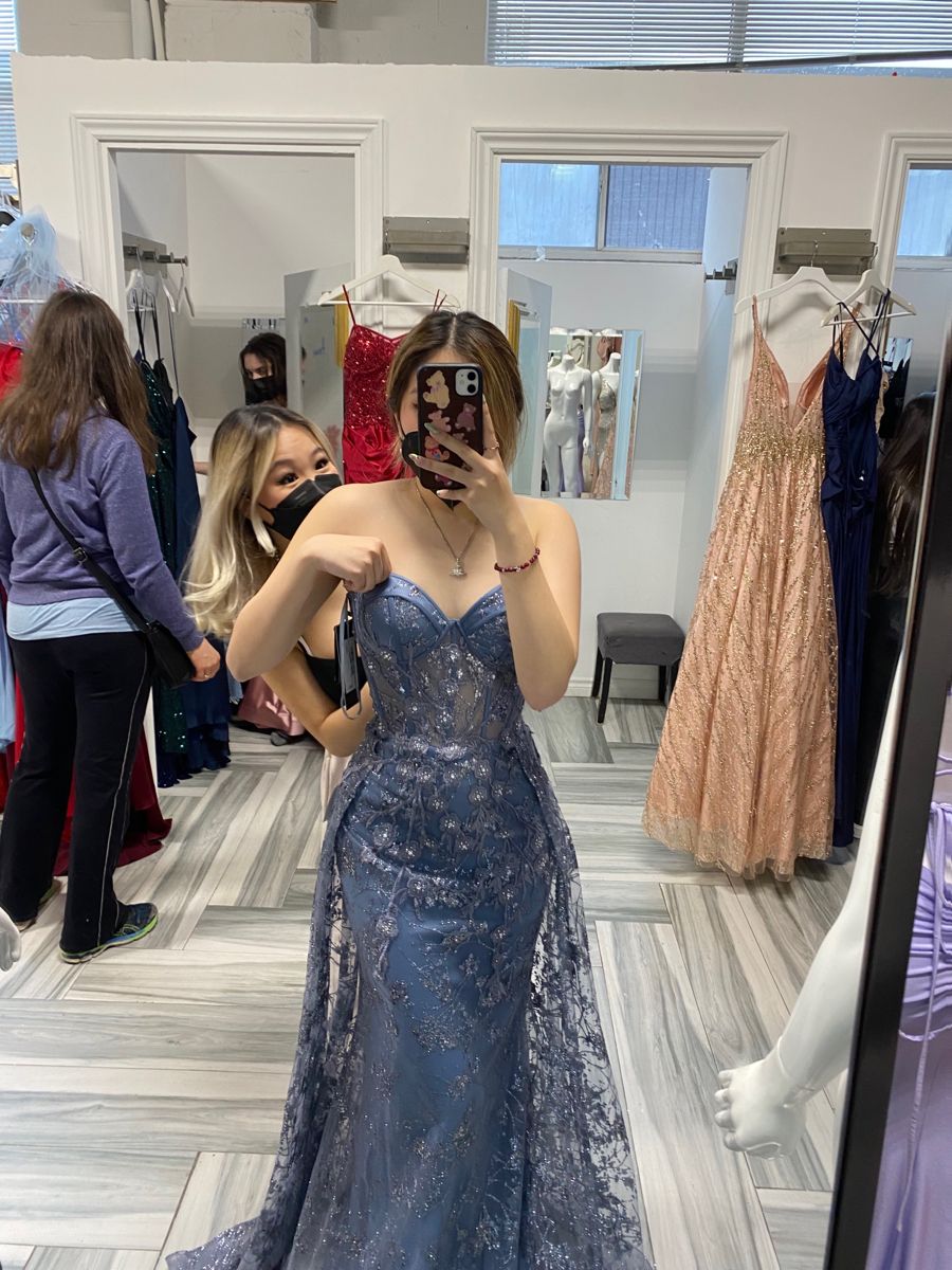Elegant Haze Blue Mermaid Strapless Lace Tulle Train Prom Dress Evening Dress