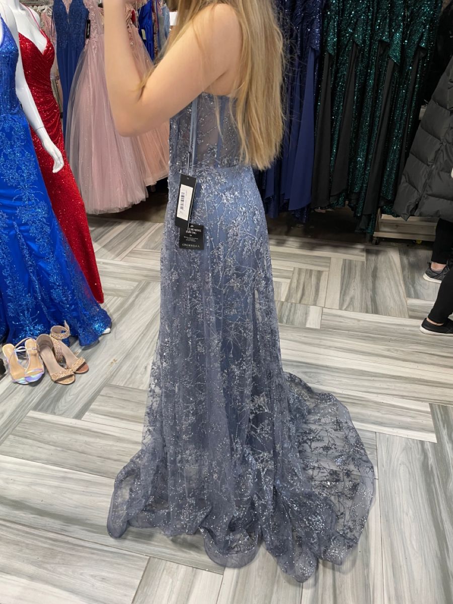 Elegant Haze Blue Mermaid Strapless Lace Tulle Train Prom Dress Evening Dress