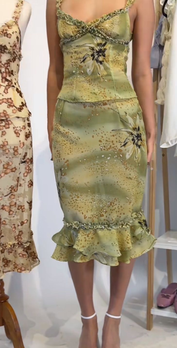 Retro Elegant Yellow Green Printed Ruffled Slim Chiffon Birthday Party Homecoming Dress