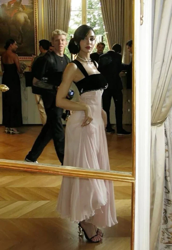 Elegant Black & Pink Color Block A-Line Velvet Chiffon Long Prom Dress Evening Dress