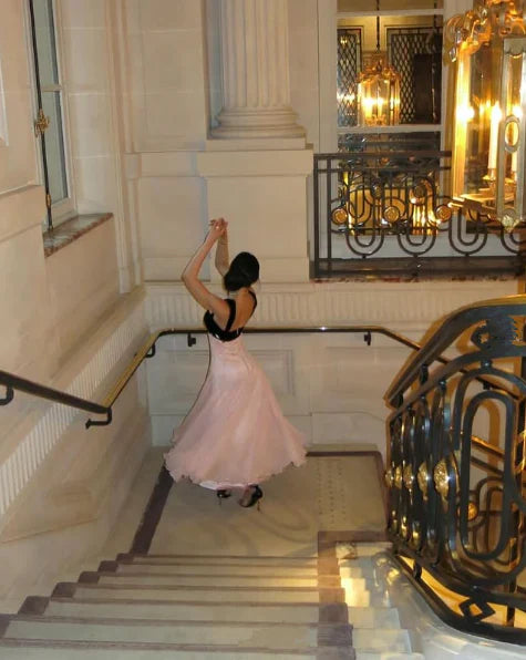 Elegant Black & Pink Color Block A-Line Velvet Chiffon Long Prom Dress Evening Dress