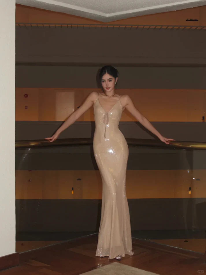 Sexy Shining Nude Apricot Mermaid Deep V Spaghetti Strap Sequin Long Prom Dress Evening Dress