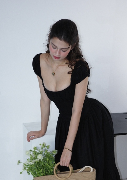 Vintage Elegant Black A-Line Square Neck Linen Cotton Prom Dress Evening Dress