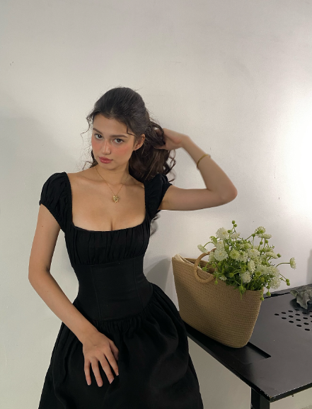 Vintage Elegant Black A-Line Square Neck Linen Cotton Prom Dress Evening Dress