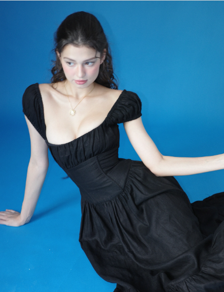 Vintage Elegant Black A-Line Square Neck Linen Cotton Prom Dress Evening Dress