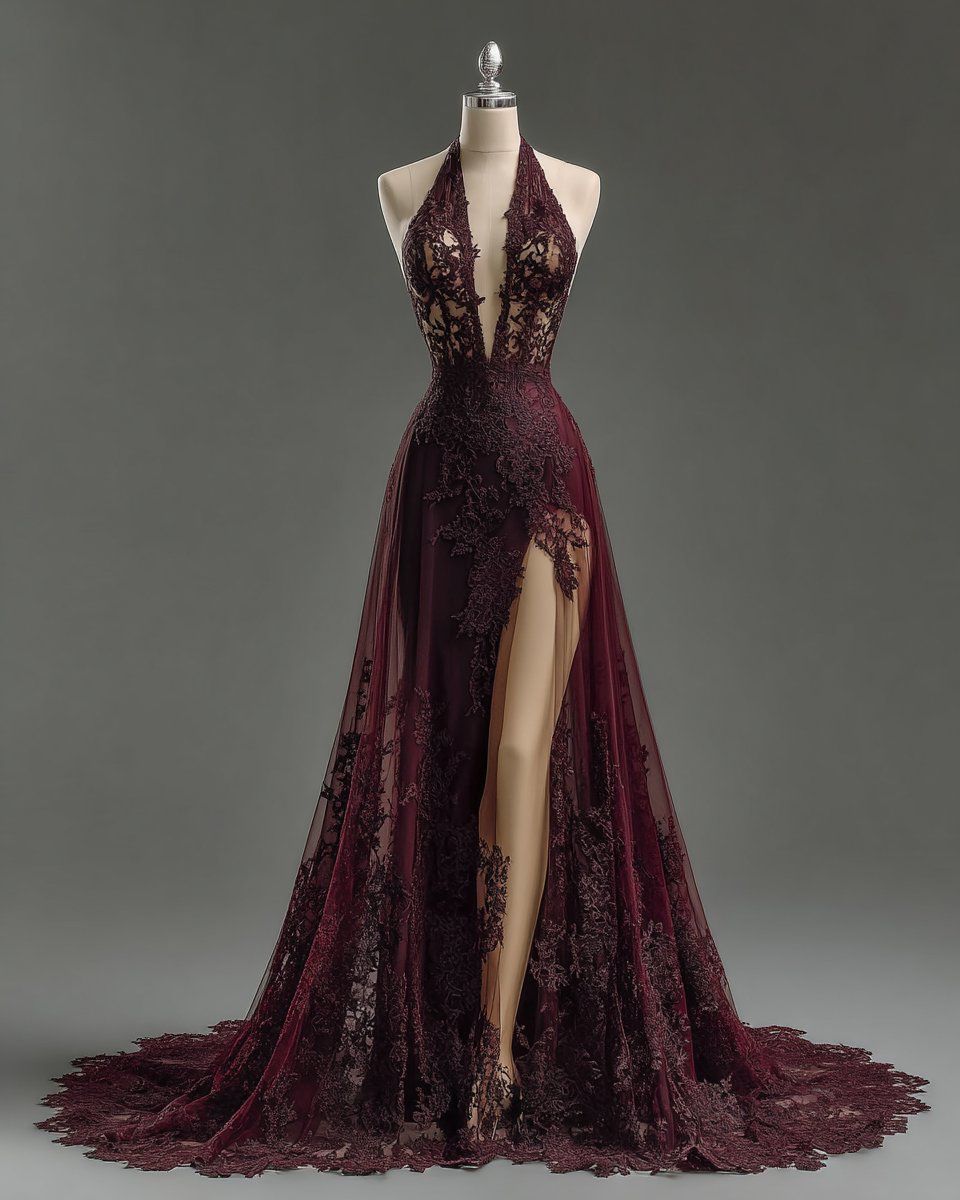 Vintage Burgundy Halter Neck Deep V-Neck Split Train Lace Prom Dress Evening Dress