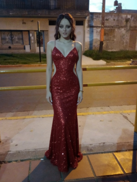 Sexy Red Mermaid Spaghetti Strap V-Neck Backless Sequin Train Prom Dress Evening Dress