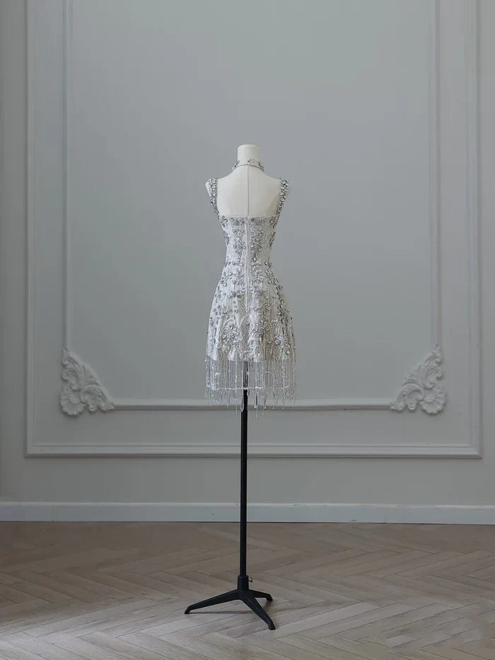 Luxury Sparkling Silver White Rhinestone Crystal Tassel Lace Slim Birthday Short Skirt Homecoming