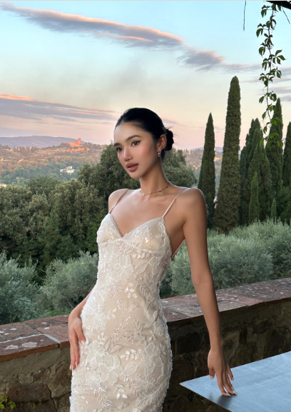 French Elegant Champagne Apricot Mermaid Spaghetti Strap Deep V-Neck Embroidered Lace Long Prom Dress Evening Dress