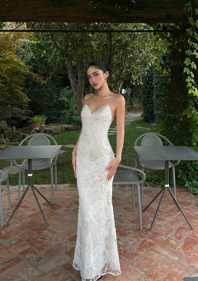 French Elegant Champagne Apricot Mermaid Spaghetti Strap Deep V-Neck Embroidered Lace Long Prom Dress Evening Dress