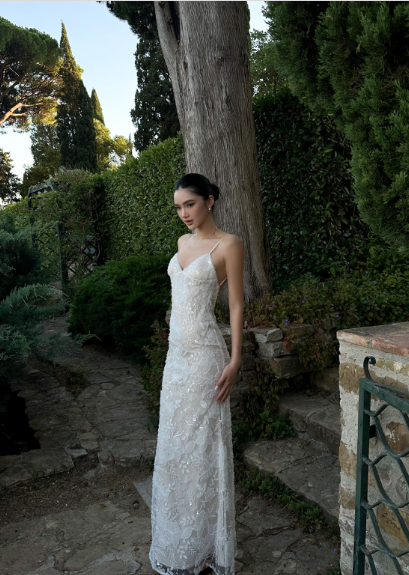 French Elegant Champagne Apricot Mermaid Spaghetti Strap Deep V-Neck Embroidered Lace Long Prom Dress Evening Dress