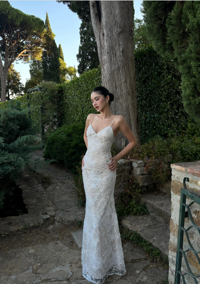 French Elegant Champagne Apricot Mermaid Spaghetti Strap Deep V-Neck Embroidered Lace Long Prom Dress Evening Dress