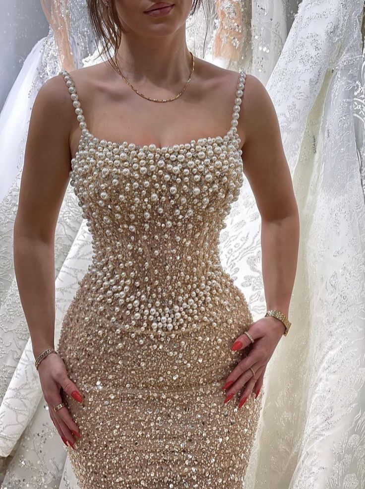 Luxury Champagne Gold Mermaid Strap Square Neck Pearl Sequin Long Rrom Dress Evening Dress