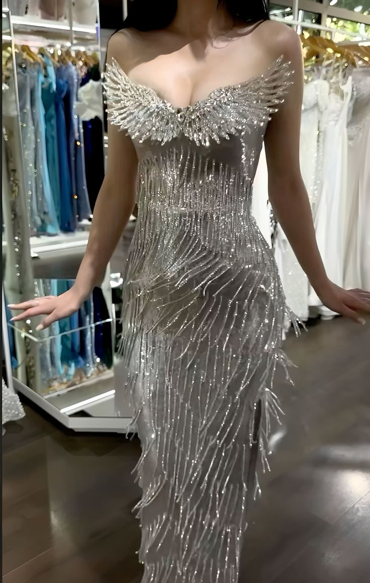 Gorgeous Silver Mermaid Strapless Slit Full Diamond Tassel Long Prom Dress Evening Dress