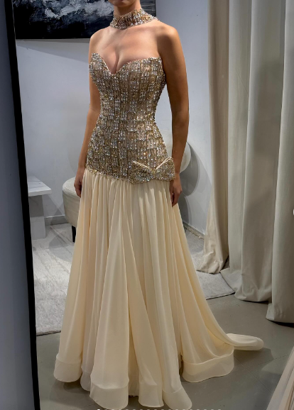 Luxurious Champagne Sweetheart Neck A-line Diamond-Embellished Bow Chiffon Long Prom Dress Evening Dress