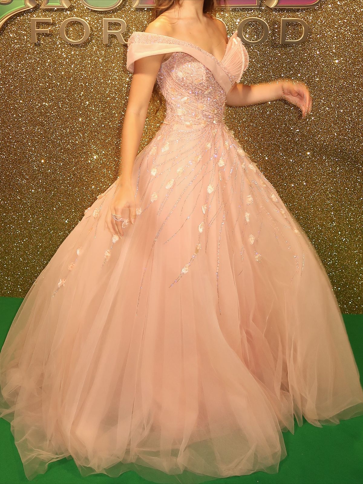 Princess Pink Off-the-shoulder V-Neck Sparkling Diamond Tulle Train Prom Dress Evening Dress