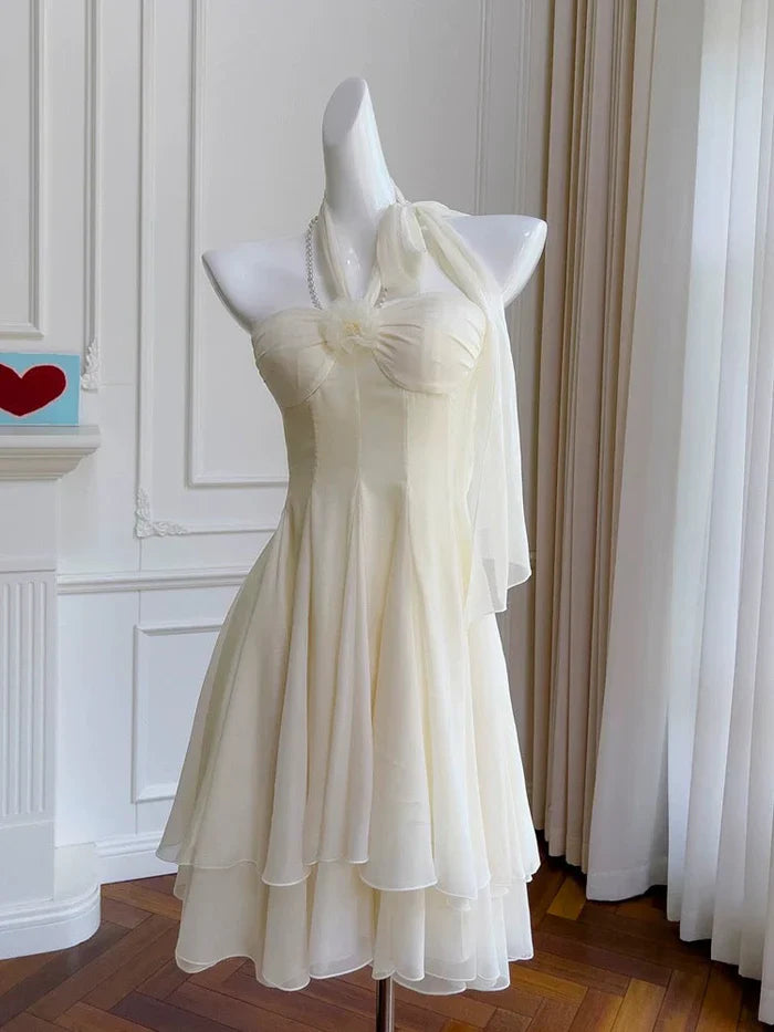 Elegant Ivory Halterneck Floral Ribbon Chiffon Mini 17th Birthday Homecoming Dress
