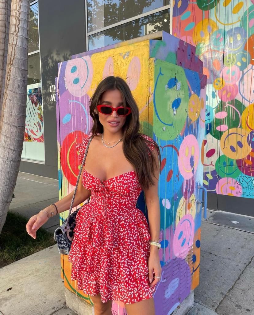 Sweet And Vibrant Red Neckline Tie Short Sleeves Printed Ruffle Waist A-line Chiffon 17th Birthday Homecoming Dress