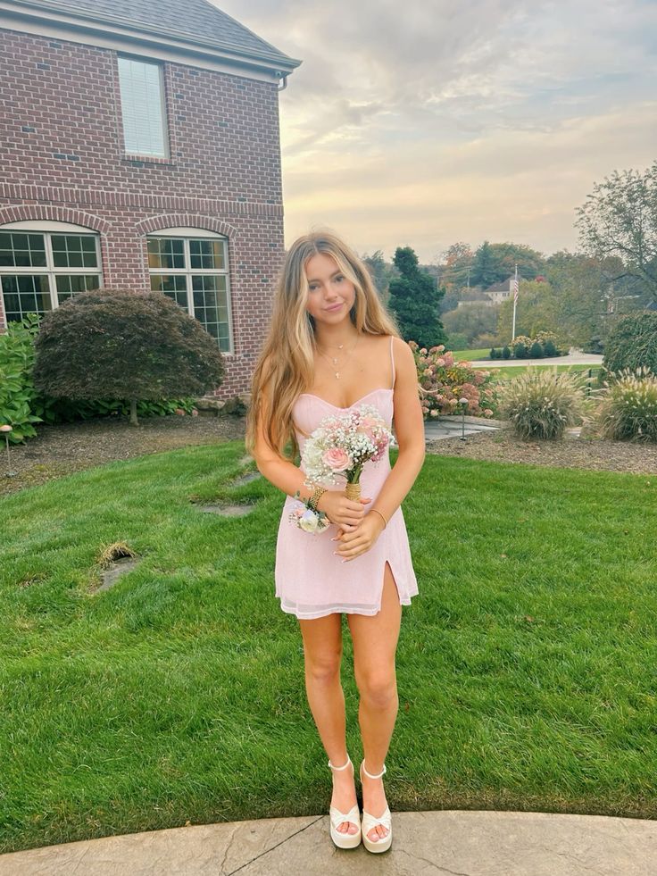Sweet Pink Thin Strap Slim Slit Chiffon 17th Birthday Homecoming Dress