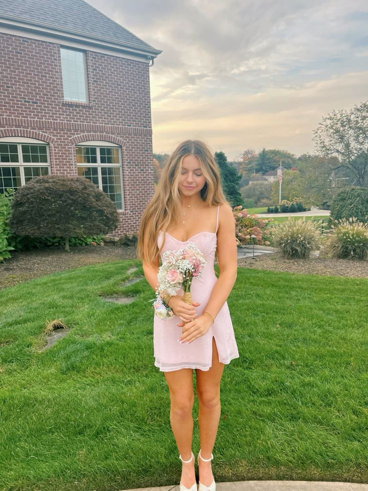Sweet Pink Thin Strap Slim Slit Chiffon 17th Birthday Homecoming Dress