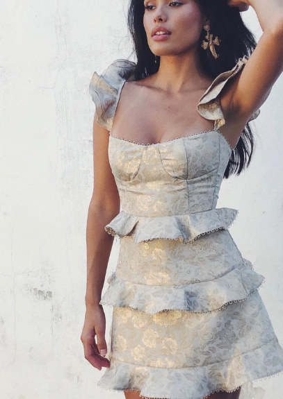 Retro Off-white Gold Pattern Ruffle Waist A-line Jacquard Birthday Party Homecoming Dress