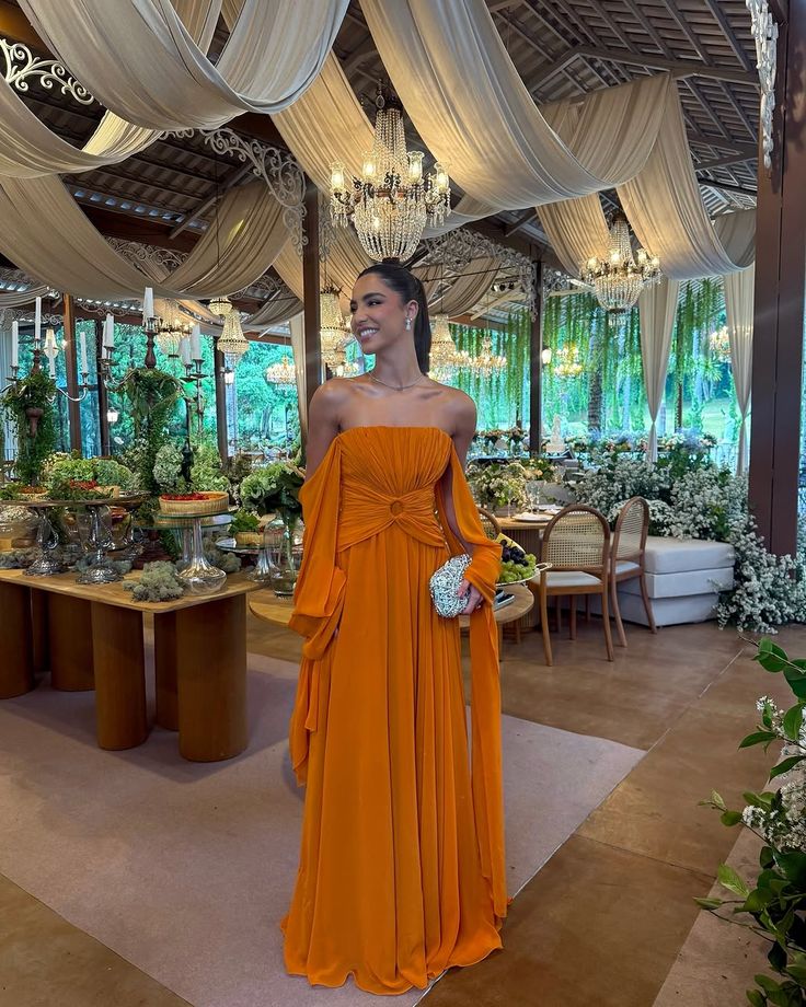 Elegant Orange A-line Strapless Crumple Chiffon Long Prom Dress Evening Dress