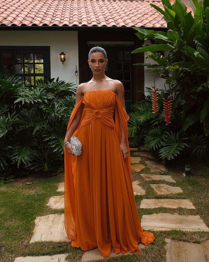 Elegant Orange A-line Strapless Crumple Chiffon Long Prom Dress Evening Dress