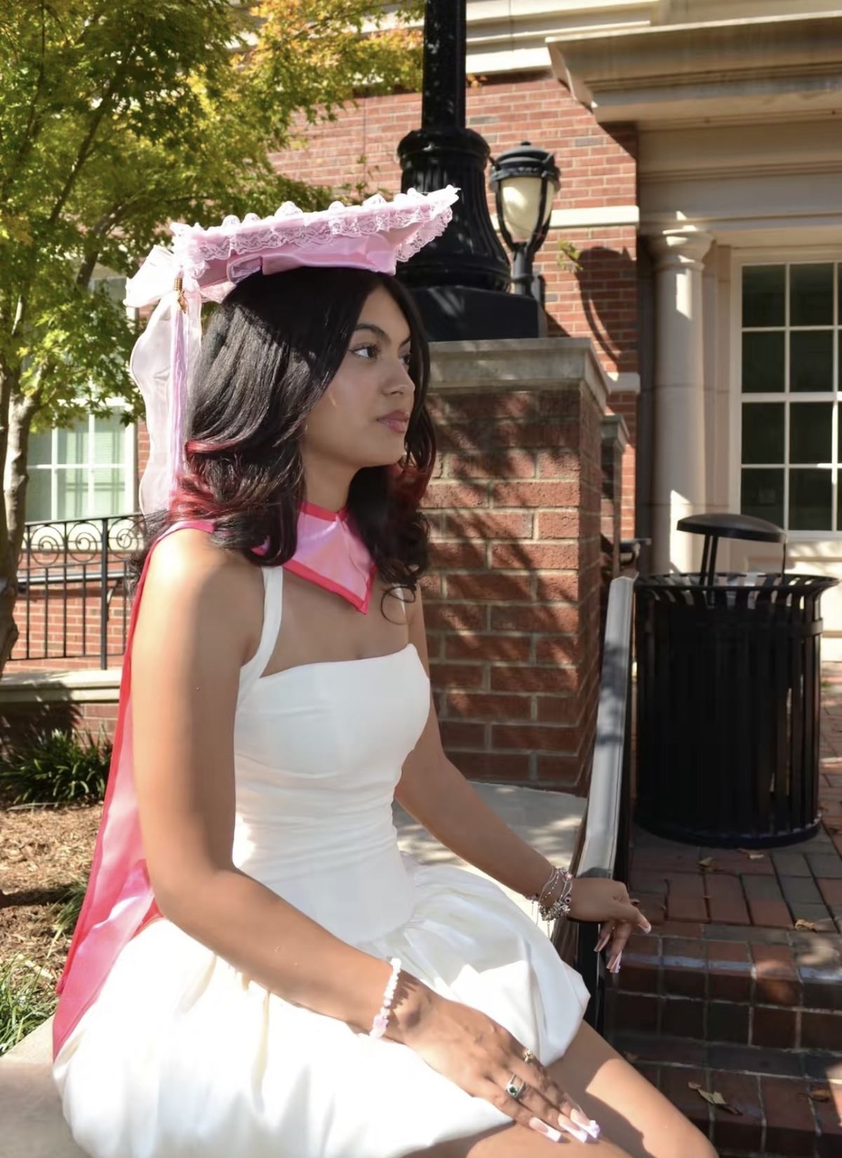 Sweet White And Pink Big Bow Long Ribbon Bud Satin Graduation Dress Homecoming Dress