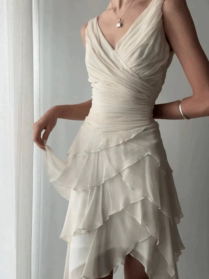 Elegant Ivory V-neck Layered Waist Pleated Irregular Chiffon Ruffle Birthday Party Homecoming Dress