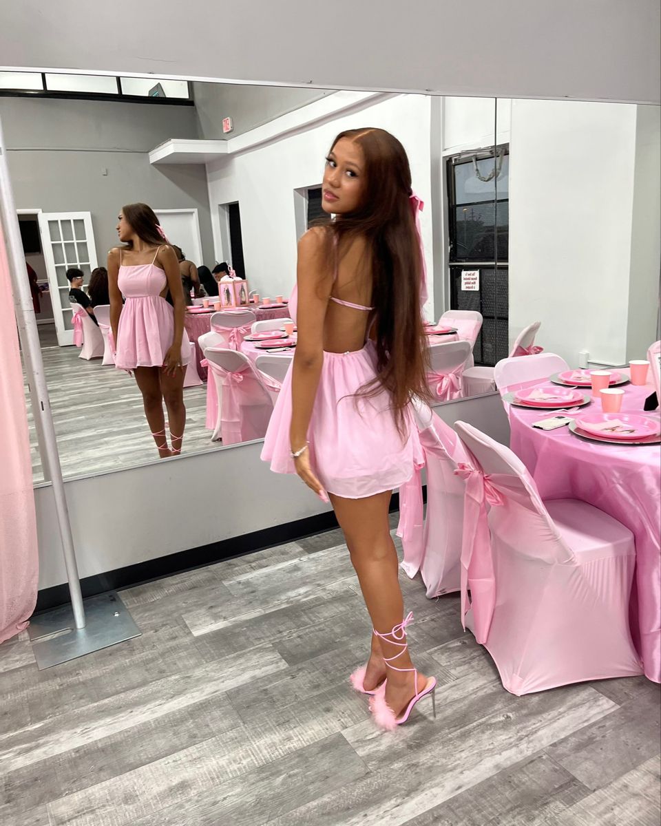 Cute Pink Halter Square Neck Open Back Mini Chiffon 16th Birthday Homecoming Dress